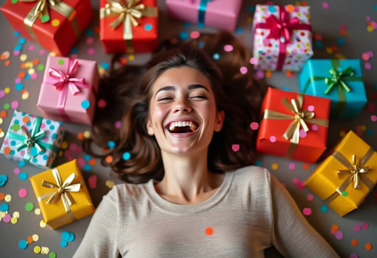 A woman lies between her presents and laughs.