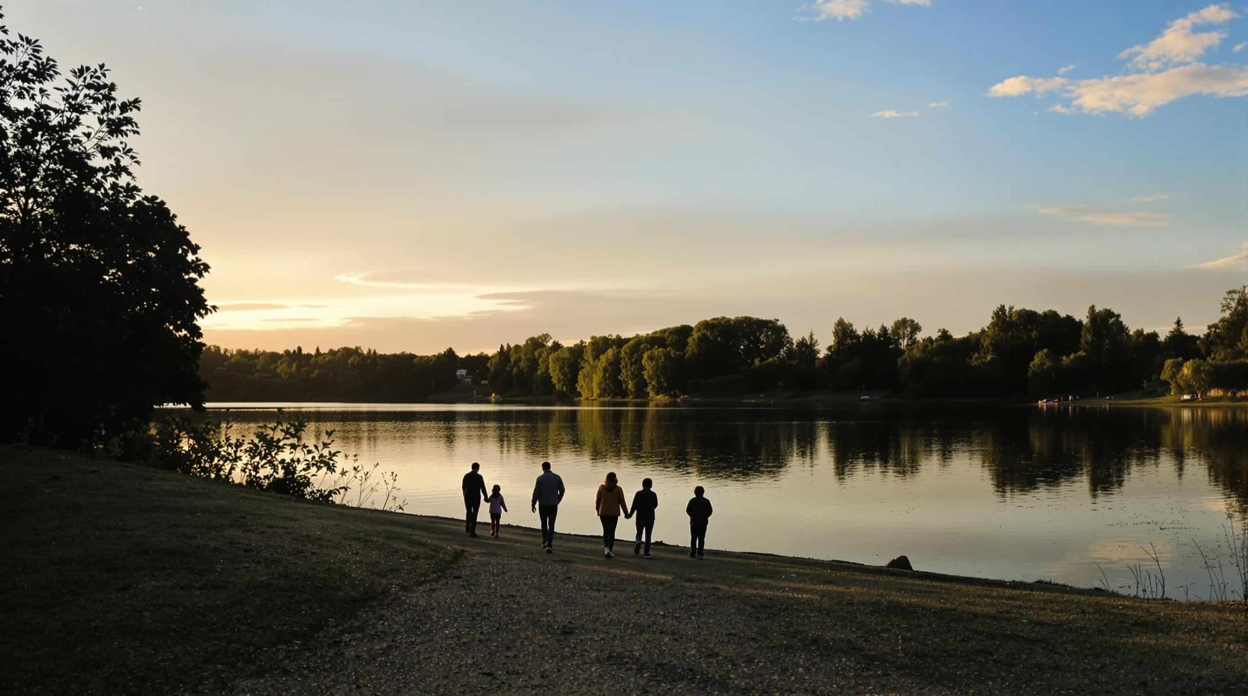A family by the lake at dusk.