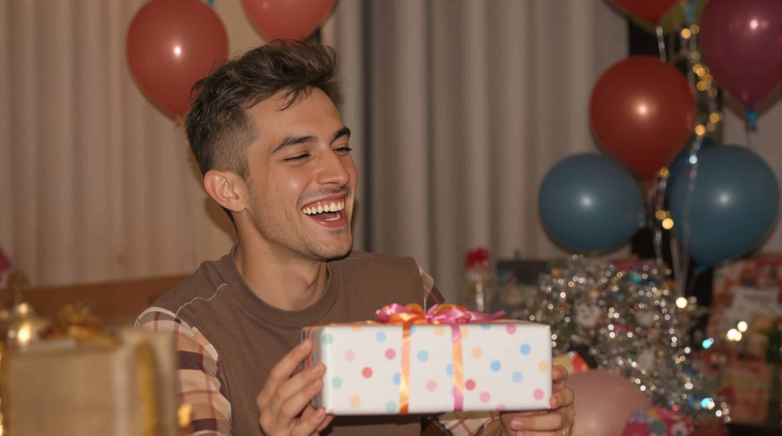 A man is delighted with his gift.