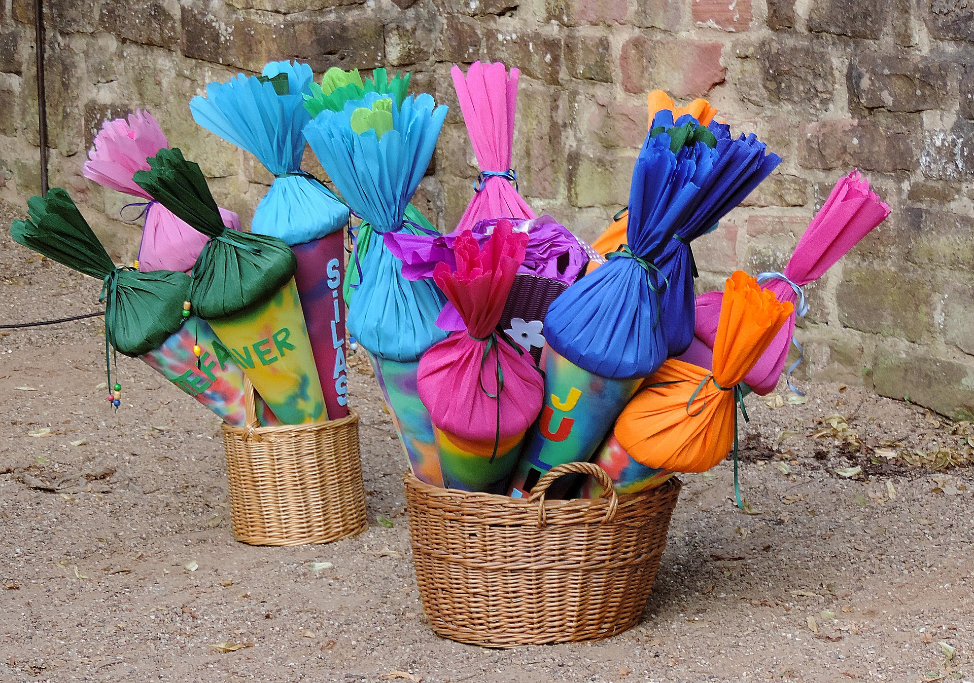 A photo with several school bags.