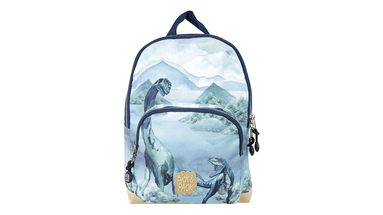 Light blue backpack for children with dinosaur motif