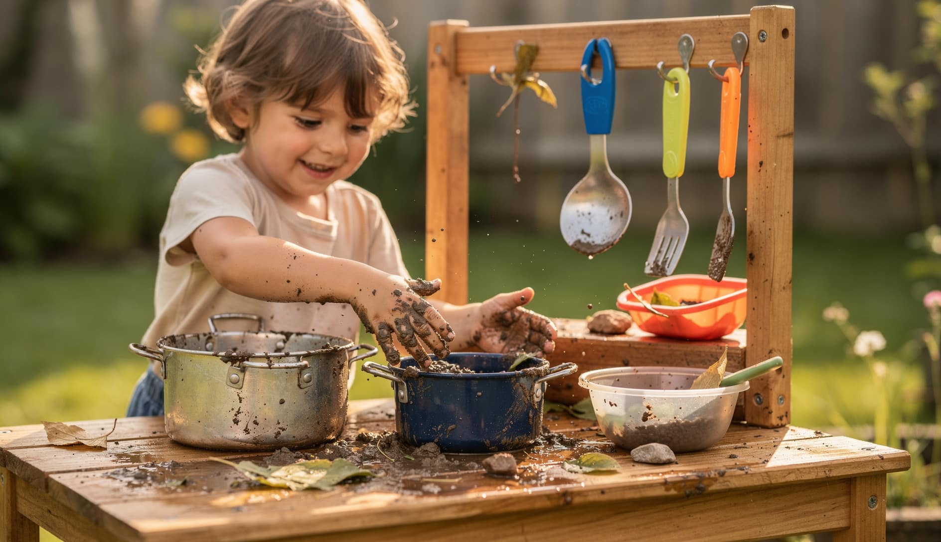 A child plays with soil and two pots in a mud kitchen