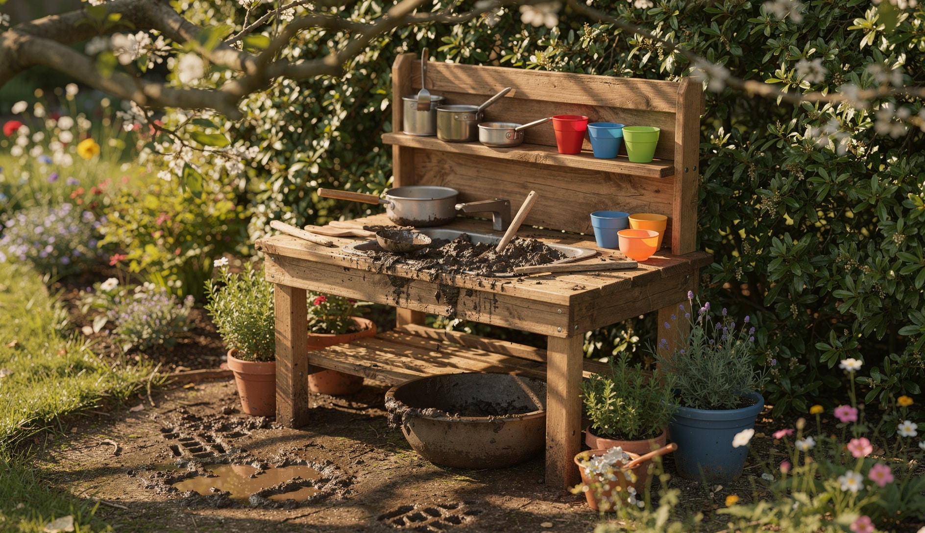 A mud kitchen in a garden that is dirty from the earth