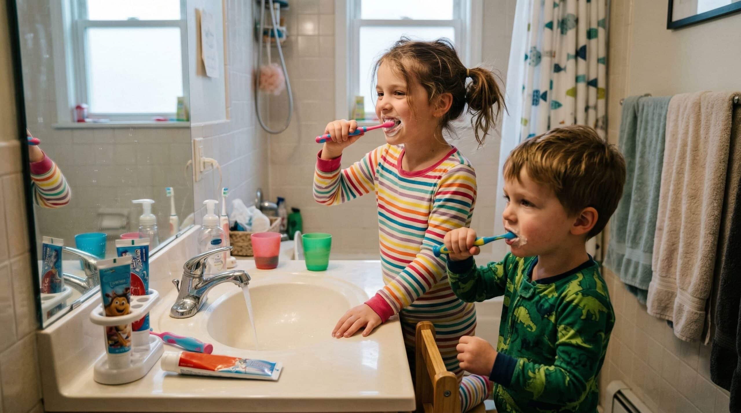 Children brush their teeth by themselves in the bathroom.
