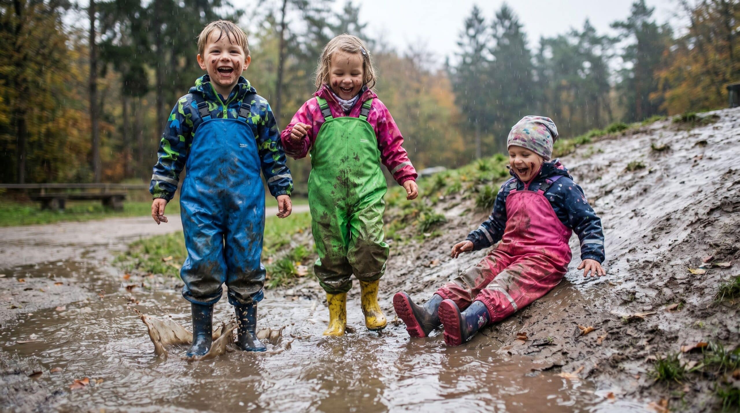 Children in rain pants playing in puddles