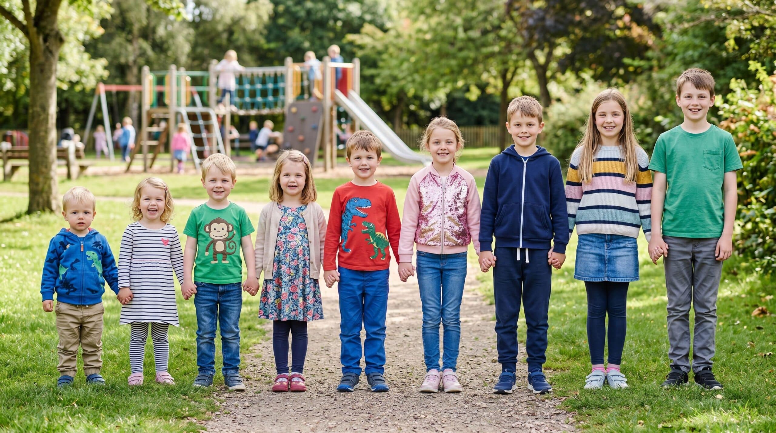 Children of different ages are standing next to each other.