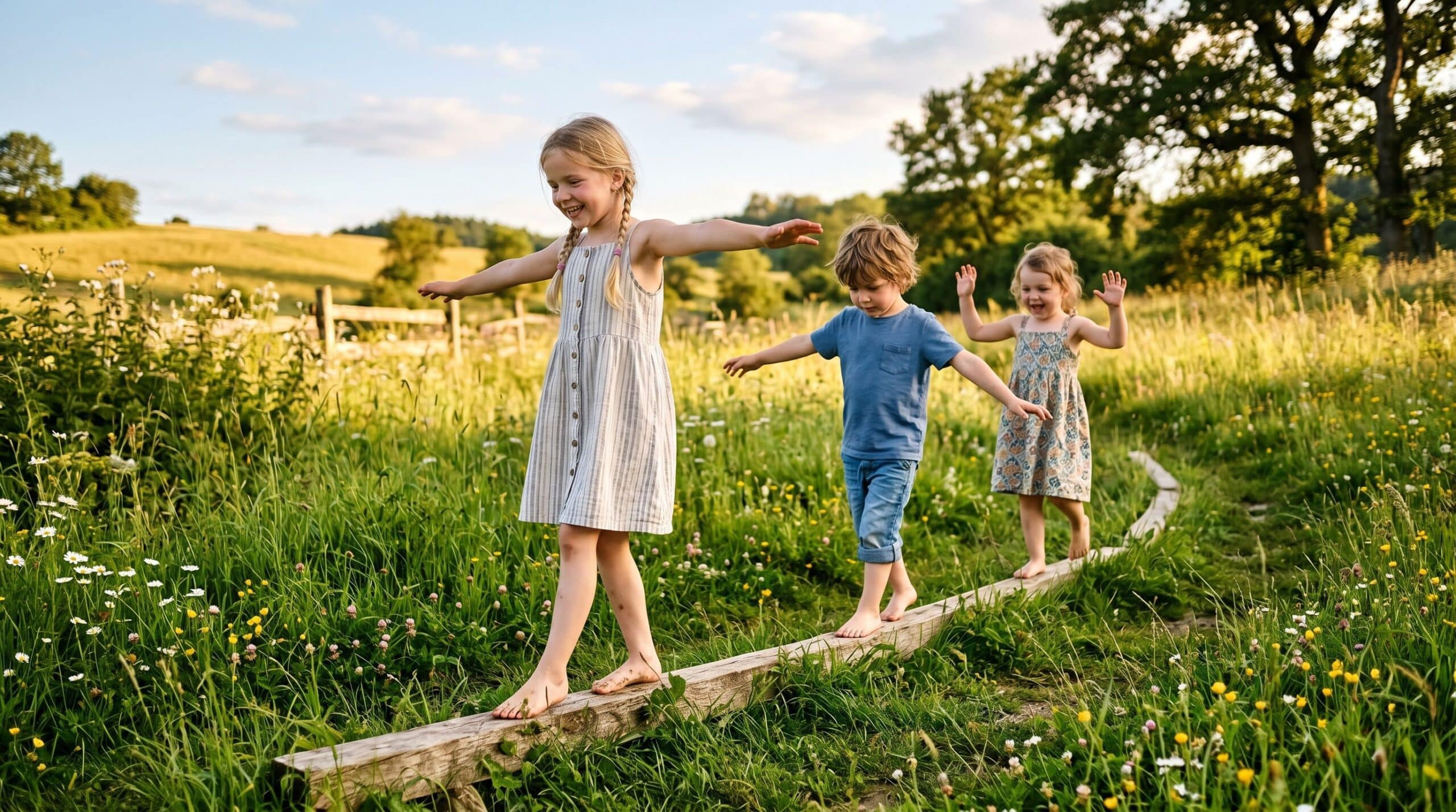 Children balance on a wooden path in nature