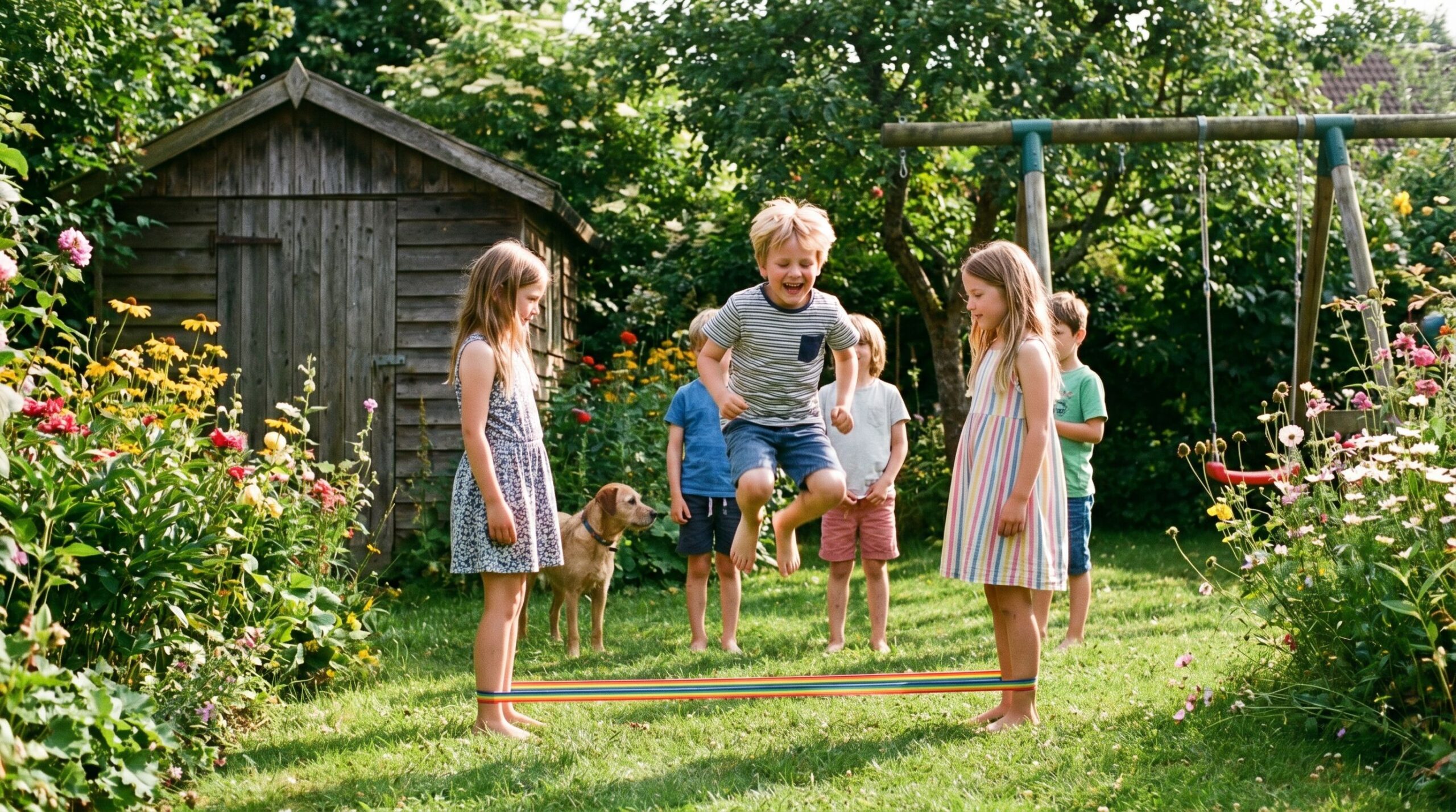 Children are playing elastic in a garden