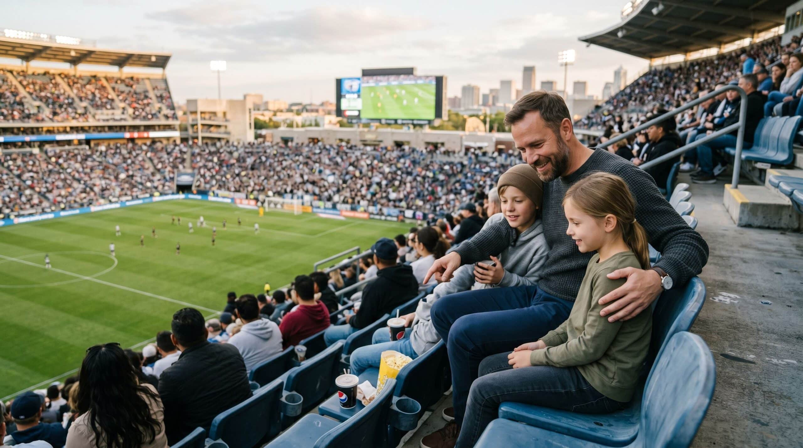 A father is sitting in a soccer stadium with his two children
