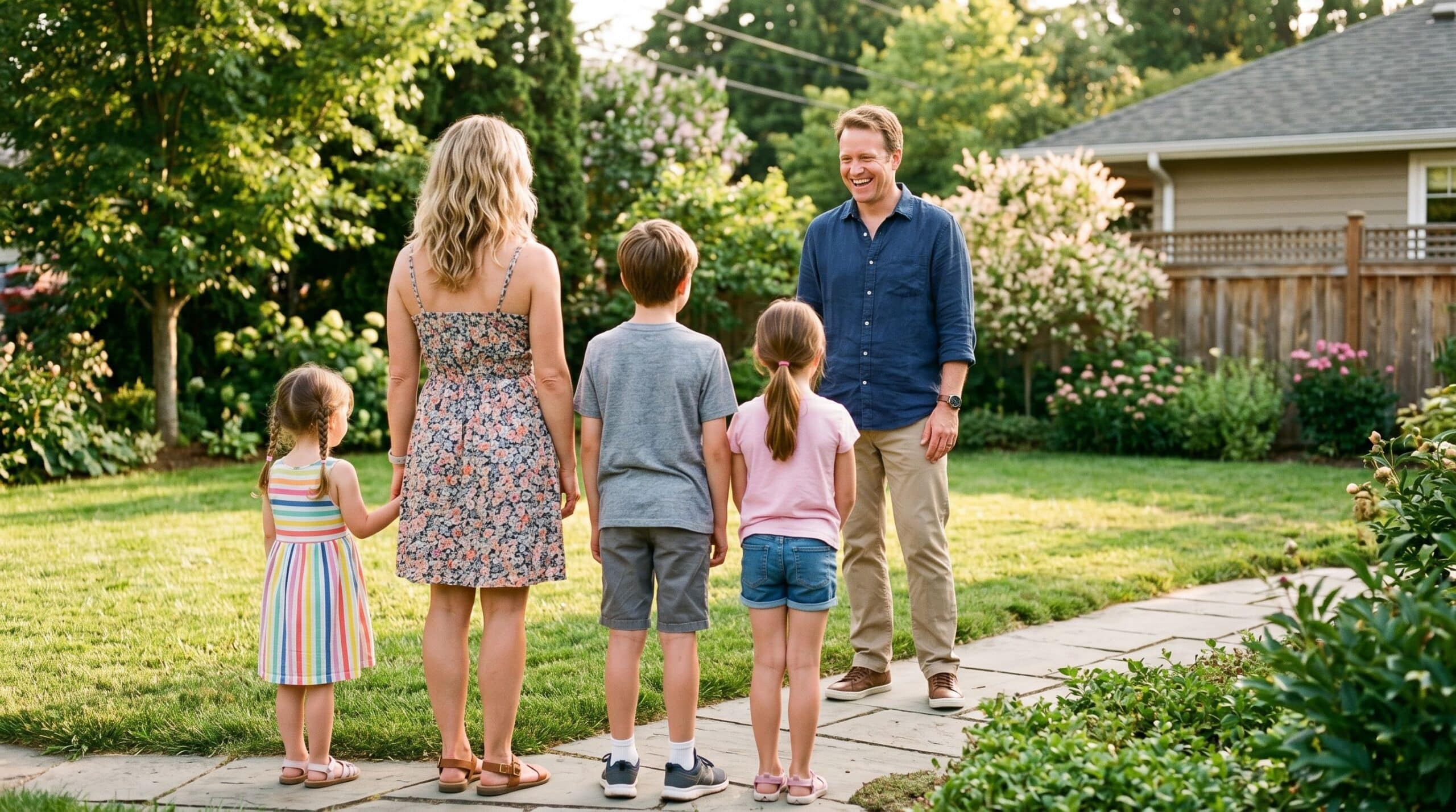 A father stands in front of his family and is happy about it.