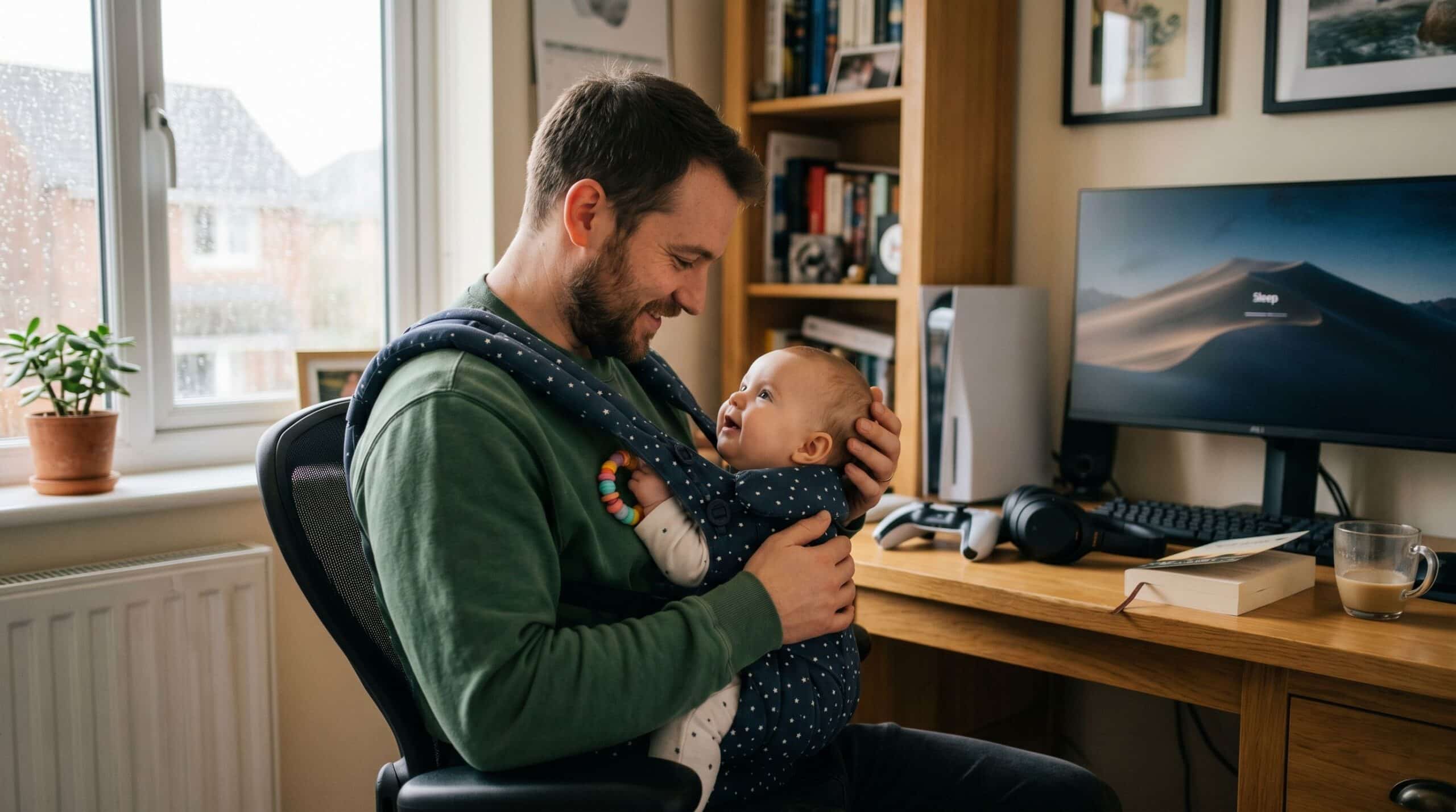 A father is carrying his baby in a baby carrier on his front.